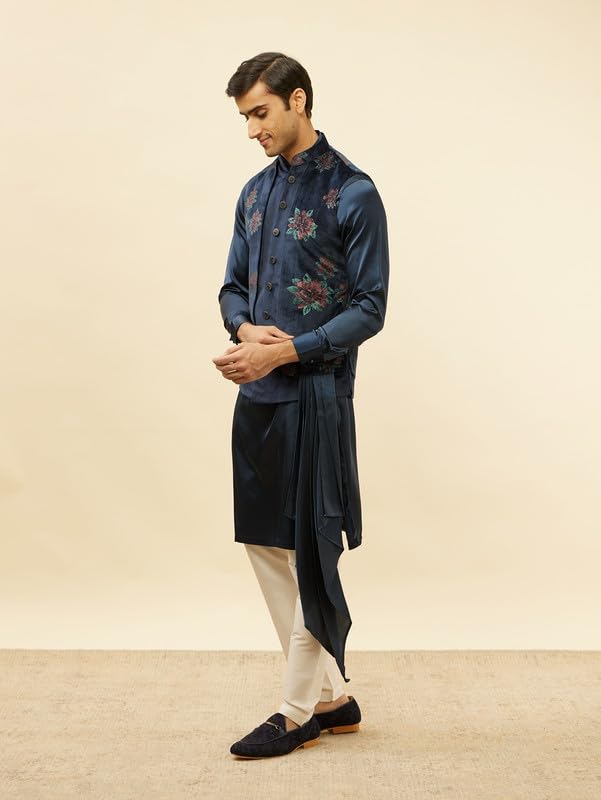 Manyavar Mens Blue Velvet Printed Kurta Pyjama Jacket Set