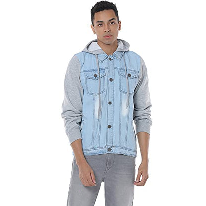 Campus Sutra Mens Light-Washed Blue & Black Regular Fit Denim Jacket for Winter Wear | Hooded Collar | Full Sleeve | Buttoned |