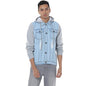 Campus Sutra Mens Light-Washed Blue & Black Regular Fit Denim Jacket for Winter Wear | Hooded Collar | Full Sleeve | Buttoned |