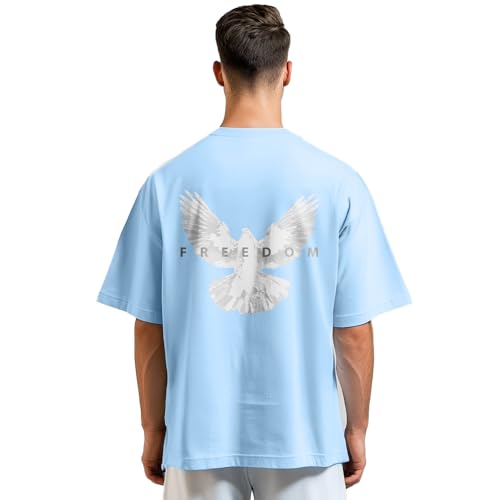 Nobero MenS Graphic Printed Oversized Fit T-Shirt (1M-Twrt-C0832-Mn_Powder Blue