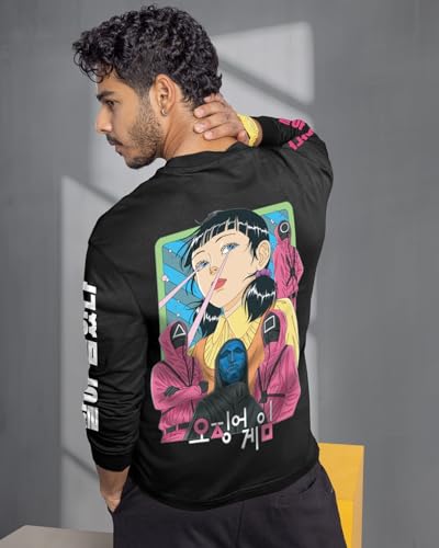 Bewakoof Official Squid Game Merchandise Squid Game Mens Graphic Print Oversized Fit Full Sleeve Round Neck Cotton T-Shirt_6573