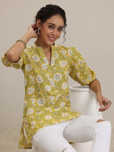 Libas WomenS Cotton Floral Regular Kurti (29614 Yellow