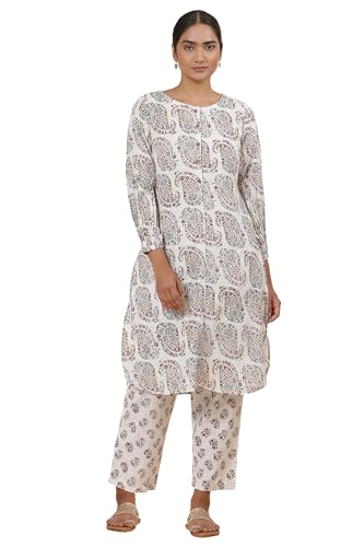 W for Woman Folksong White Printed Cotton Straight Kurta & Straight Pant