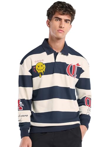 Bewakoof MenS Striped Oversized Fit Full Sleeve Polo Neck Terry Sweatshirt_682756_White_Xl