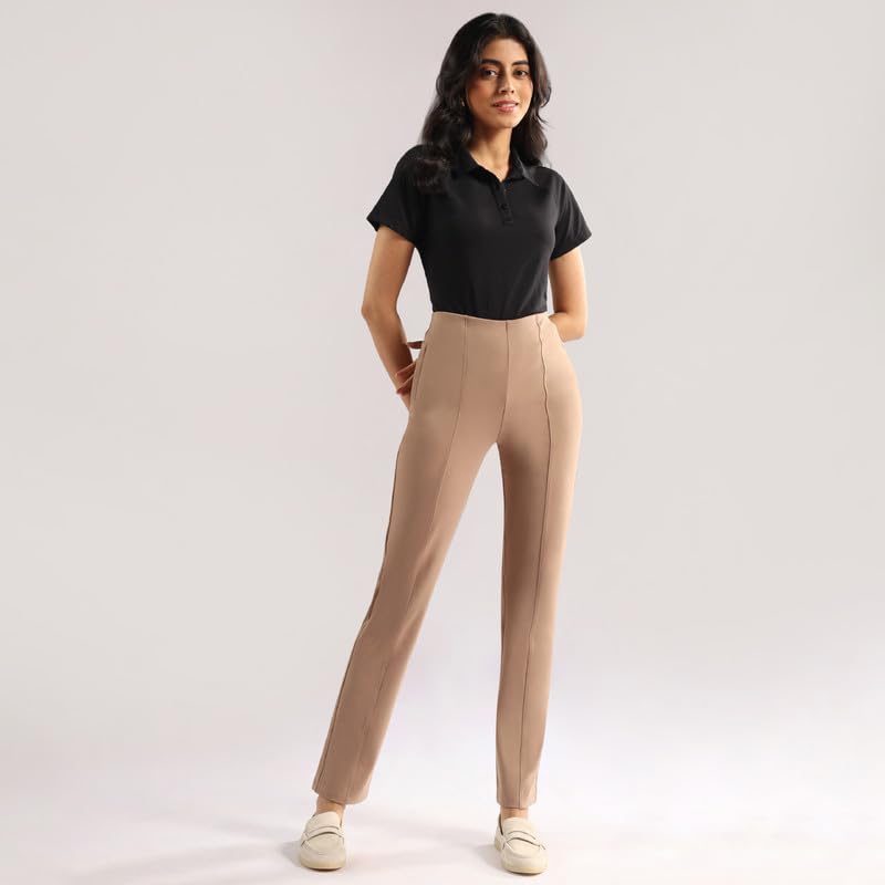BlissClub Women Ultimate Straight Pants -Tall| Pintuck Design | No-Dig Waistband | Trousers for Women | 2 Zippered Pockets