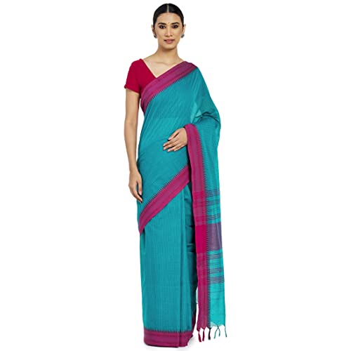 Fabindia Women Cotton Hand Woven Sari Teal_Freesize