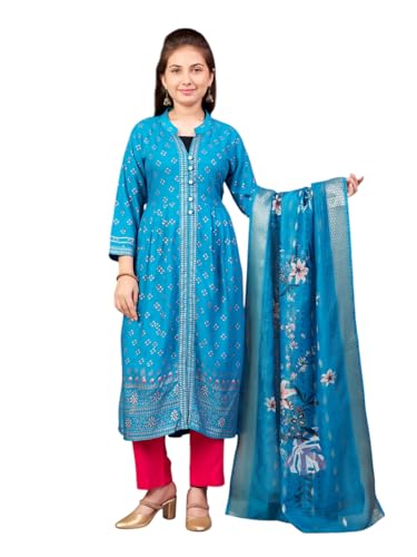 Aarika Girls Ethnic Wear Sea Green-Rani Colour Foil Print Rayon Kurti Pant Set-8-15 Years (KP-SD-5826)
