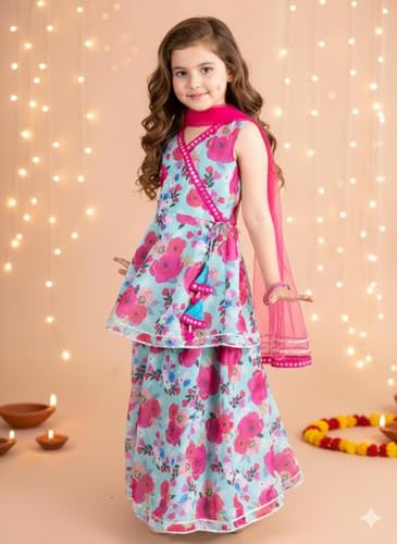 Naixa Girls Pink Rayon V Neck Sleeveless Floral Printed Flared-Fit Kurta And Sharara With Dupatta Set | Lasted Designer Printed
