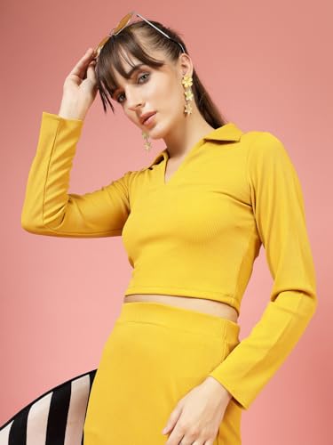 OOMPH! Stretchable Full Sleeved Ribbed Top, Yellow, mt854