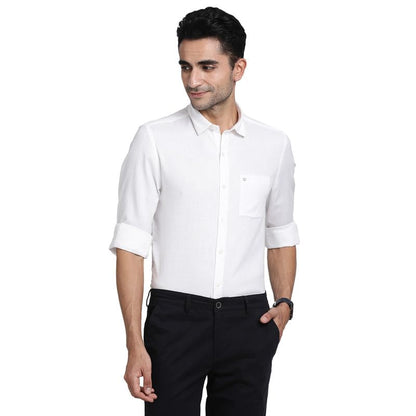 Turtle Men Cotton Lyocell White Solid Slim Fit Casual Shirts
