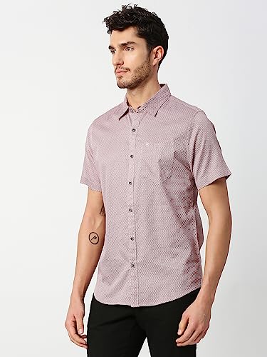 Thomas Scott Mens Printed Slim Fit 100% Cotton Casual Shirt with Spread Collar and Half Sleeve Maroon