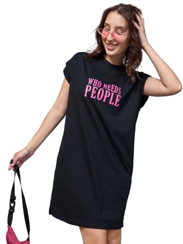 Bewakoof WomenS Typography Oversized Fit Sleeveless Round Neck Cotton Jersey T-Shirt Dress_627783_Black_M
