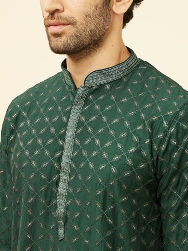 Manyavar Mens Green Art Silk Self Design Kurta Pyjama Set