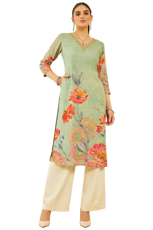 Soch Womens Sap Green Muslin Floral Print Kurta with Beads and Stones
