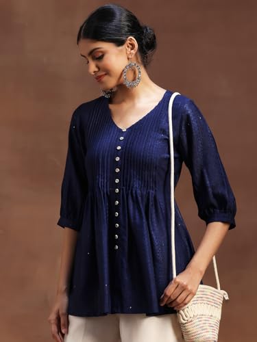 Libas WomenS Silk Blend Woven Design Regular Kurti (29103O Blue