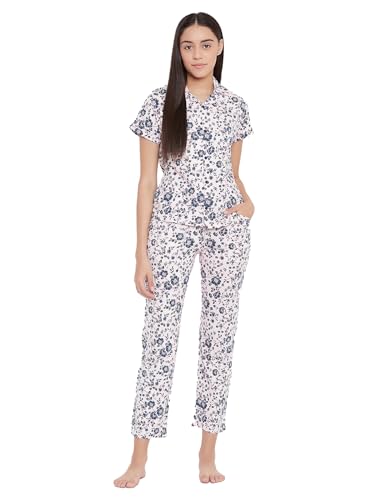 Clovia Womens Cotton Button Me Up Floral Shirt & Pyjama Set (LS0025E22_Pink_M)