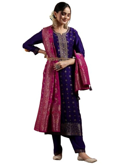 Libas WomenS Silk Blend Kurta Set (48962Oh_Purple