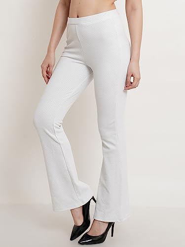 POPWINGS Casual White Sparkle Solid Mid Rise Bootcut Trouser for Women || Straight Leg Bootcut Trouser for Women || Regular Fit