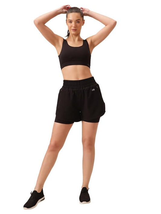Clovia Womens Snug Fit Active High Rise Running Shorts & Medium Impact Sports Bra With Removable Cups (COMBAT354_Black_M)
