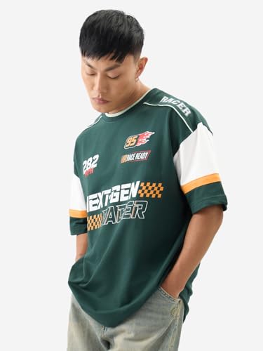 The Souled Store Official Disney: Speed Racer Men And Boys Short Sleeve Round Neck Green Graphic Printed Cotton Oversized T-Shir