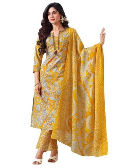 Varanga floral printed Kurta with mirror detailing paired with printed trouser and dupatta.
