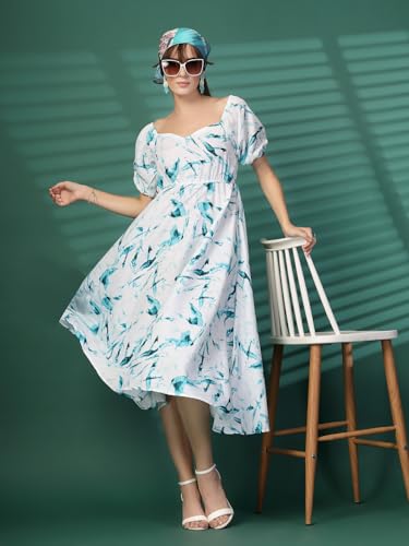 OOMPH! Womens Western & Fusion wear Printed Crepe Dress for Women, Puffed Sleeve, Blue - md1042