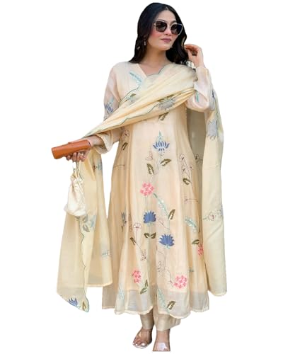 ANNI DESIGNER Women's Chanderi Anarkali Printed Kurta with Pant & Dupatta