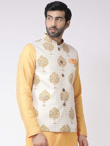 Kisah Men White And Yellow Printed Pure Cotton Nehru Jackets Ethnic Festive Waistcoat Cotton, Regular Fit