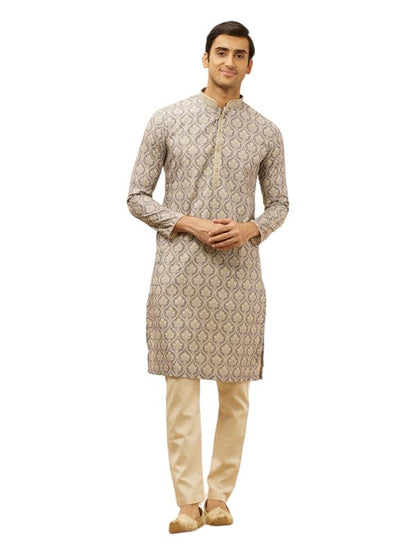 Manyavar Mens Purple Blended Cotton Printed Kurta Pyjama Set