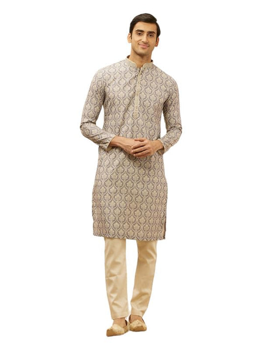 Manyavar Mens Purple Blended Cotton Printed Kurta Pyjama Set