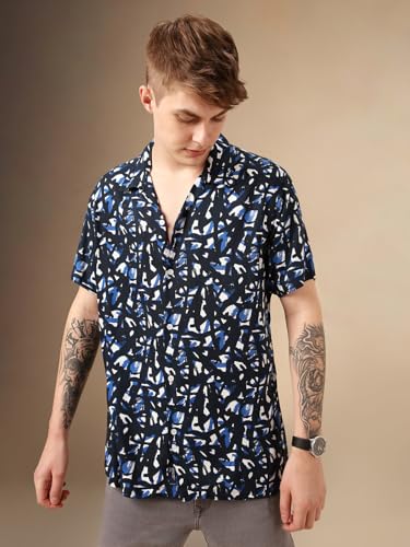 Dennis Lingo Men Navy Blue Rayon Half Sleeve Cuban Collar Aop Shirts_Dlmshmjj24001