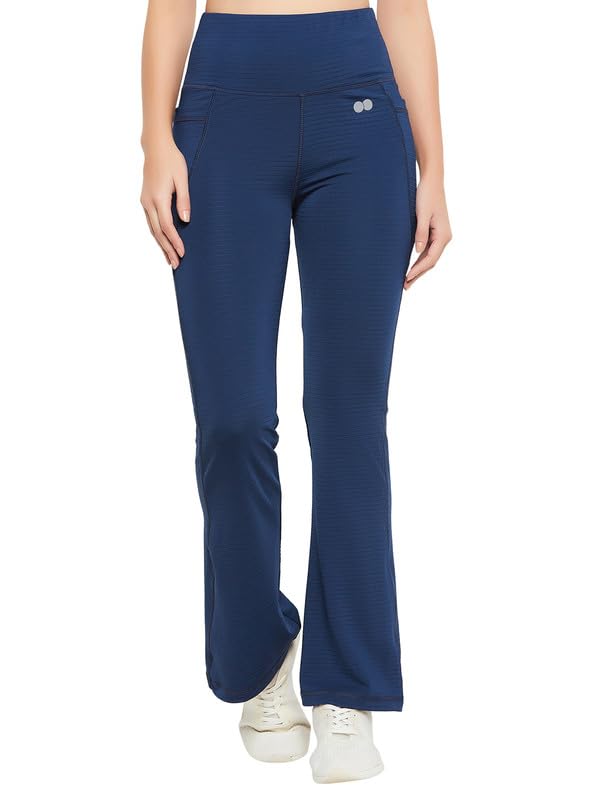 Clovia Womens Comfort-Fit High Rise Flared Yoga Pants with Side Pockets (AB5290R08_Blue_XXL)