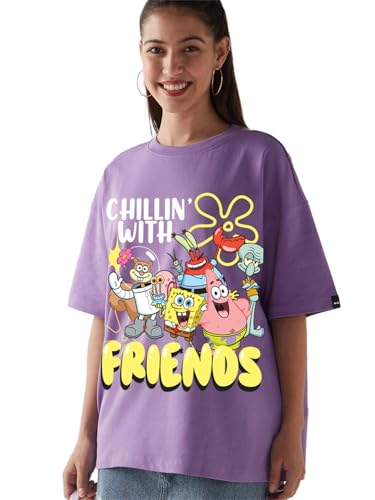 Bewakoof Heavy Duty 1.0 Official Spongebob Merchandise Womens Graphic Print Oversized Fit Half Sleeve Round Neck Terry T-Shirt_