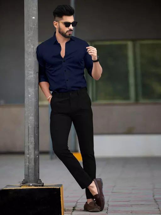 Tee Projekt Shirt for Men Cotton Plain Spread Collar Casual Shirt Parfect for ormal Wear, Home Wear, Office Wear Navy Blue