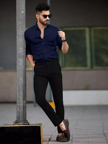 Tee Projekt Shirt for Men Cotton Plain Spread Collar Casual Shirt Parfect for ormal Wear, Home Wear, Office Wear Navy Blue