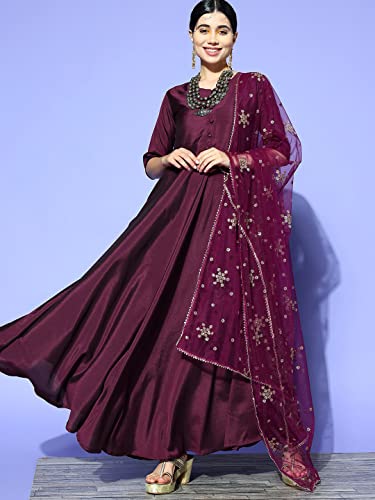 Womanista Women's Poly Georgette Burgundy Kurta Trousers & with Dupatta