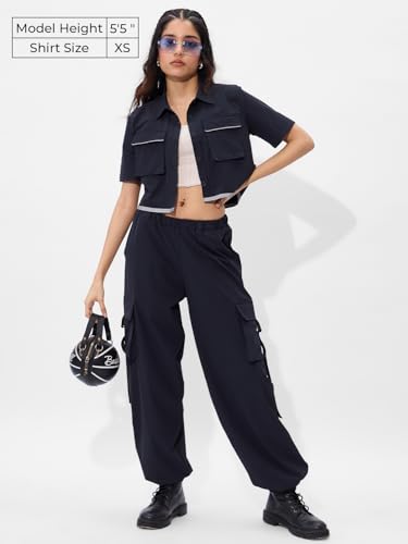 The Souled Store Solids: Classic Navy Short Sleeve Round Neck Slim Fit Cropped Tops for Women and Girls - Trendy Statement Piece