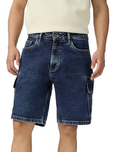 The Souled Store Denim: Ocean Blue Men and Boys Buttoned Solid Knee Length Cotton Blend Denim Shorts
