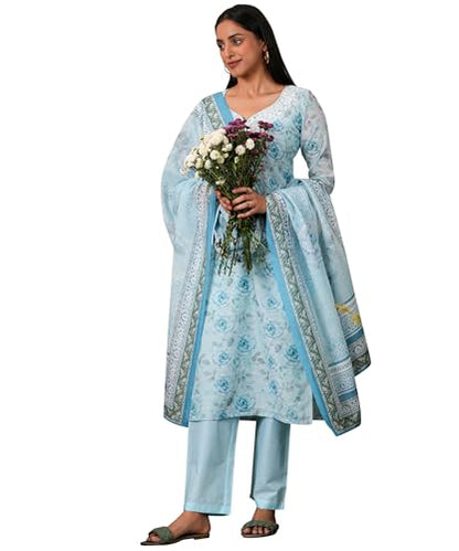 Libas Womens Printed Linen Straight Kurta With Trousers And Dupatta