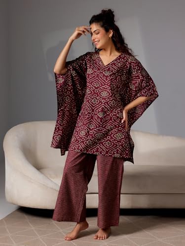 Libas Womens Printed Cotton Night Suit Set For Women Burgundy