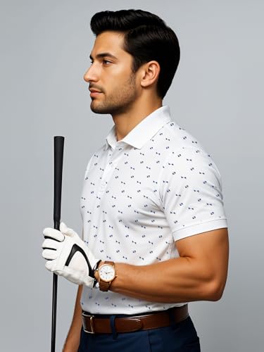 Mens Cotton Printed Polo Tshirt | 220 GSM Interlock Fabric | Slim Fit | Skin-Friendly Ink | White Golf-Inspired Pattern T Shirt