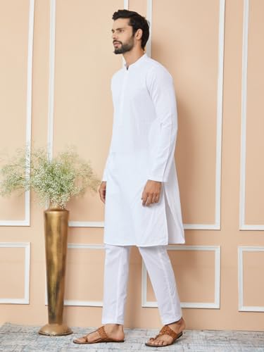 See Designs Mens Long Sleeve Mandarin Collar Side Slit White Embroidered Chikankari Pure Cotton Straight Kurta with Pyjama - SD