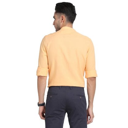 Turtle Men Cotton Linen Yellow Plain Slim Fit Mandarin Collar Casual Shirt