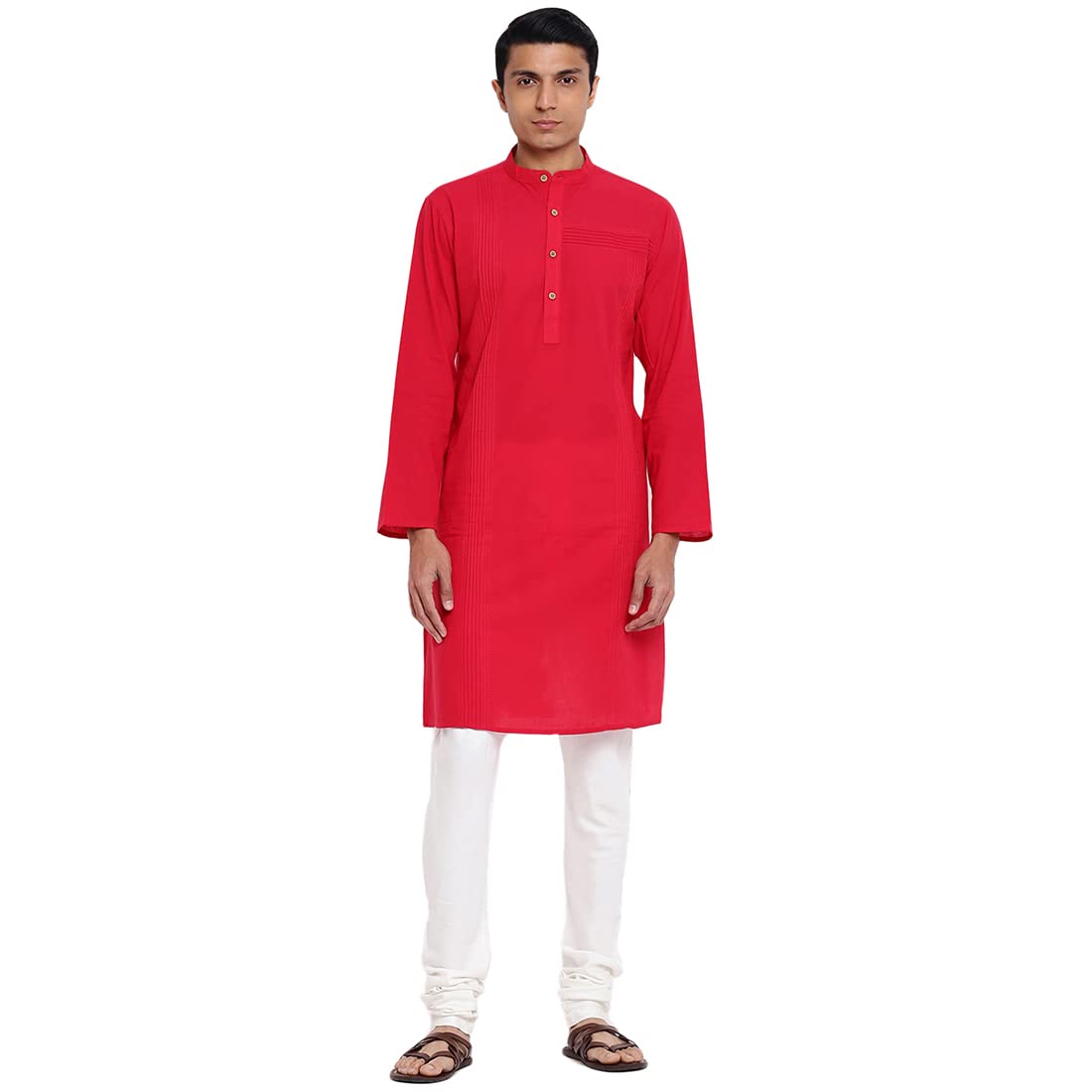 Fabindia Men Cotton Pintucks Long Kurta Red_L