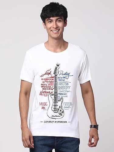 ADRO Guitar Design Printed T-Shirt for Men - 100% Cotton, Regular Fit, Soft Breathable Fabric. (RN23-M-GTR-WH_White)