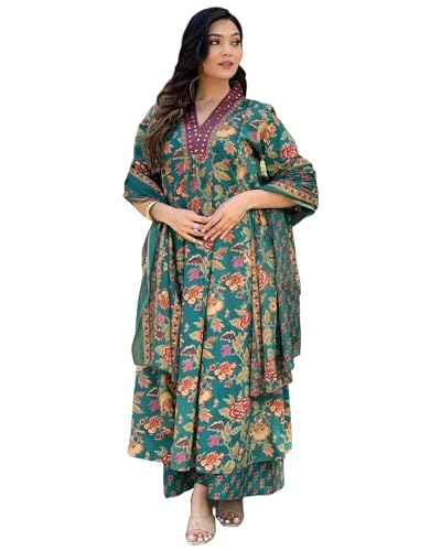 GoSriKi Womens Rayon Blend Anarkali Printed Kurta with Palazzo & Dupatta (CIA Green-GS_M_Green_Medium)