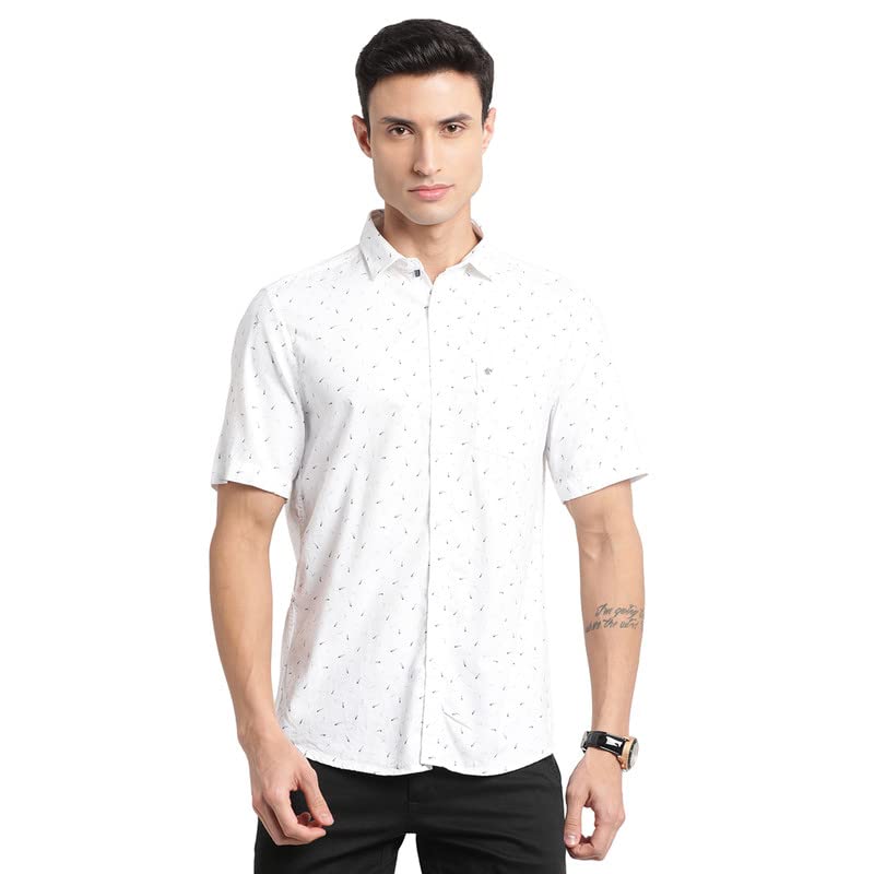 Turtle Men 100% Cotton White Printed Slim Fit Half Sleeve Casual Shirt
