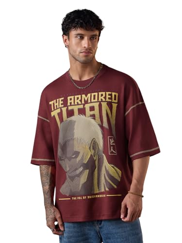 The Souled Store Attack On Titan: Armored Titan Men and Boys Short Sleeves Round Neck Red Graphic Printed Cotton Lightweight All