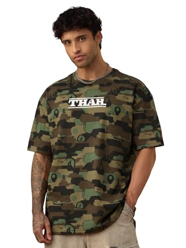 The Souled Store Thar: Off-Road Men and Boys Short Sleeves Round Neck Graphic Printed Camouflage Oversized T-Shirt