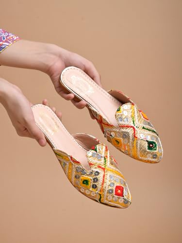 Shoetopia WomenS Multicolor Embroidered Traditional Slip-On Mules  Ethnic Jutti Style Flats With Mirror Work, Gold Base